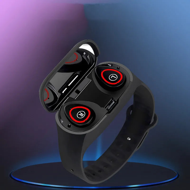 Smart bracelet and Bluetooth earphone combo wearable device with a 1-inch screen on a silicone wristband.