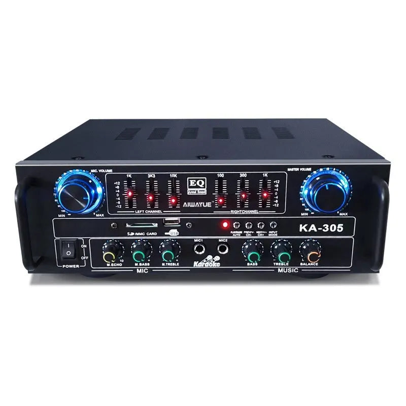 KA-305 black household power amplifier with Bluetooth and EQ equaliser, front panel controls and ventilation grille