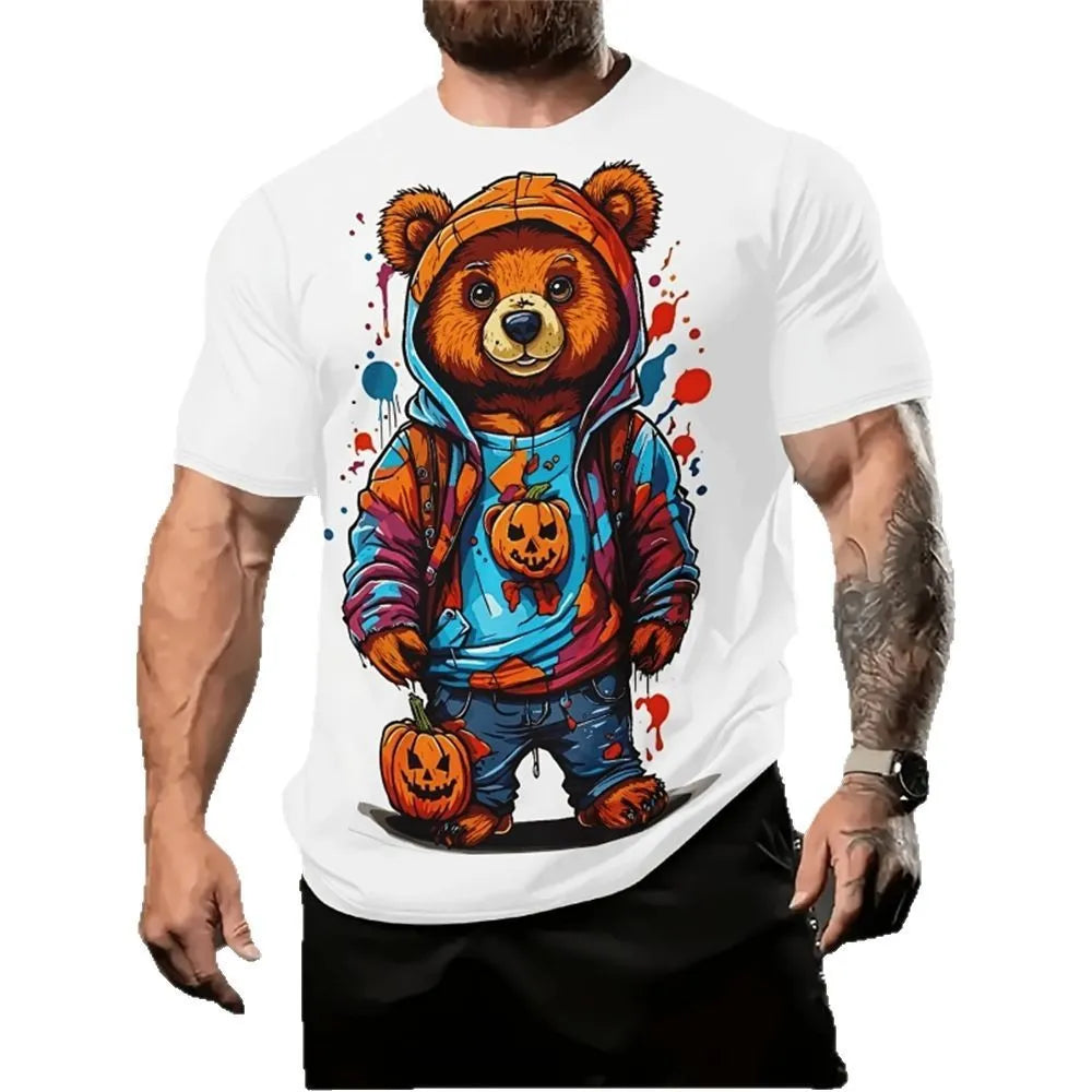 Men's loose-fit casual shirt with cartoon 3D print design in linen fabric, showing short sleeves and relaxed fit