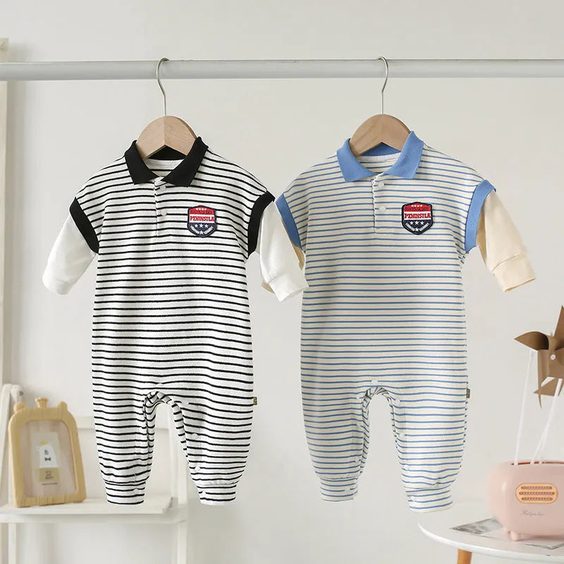Striped baby onesie in cotton with pullover style available in blue or black