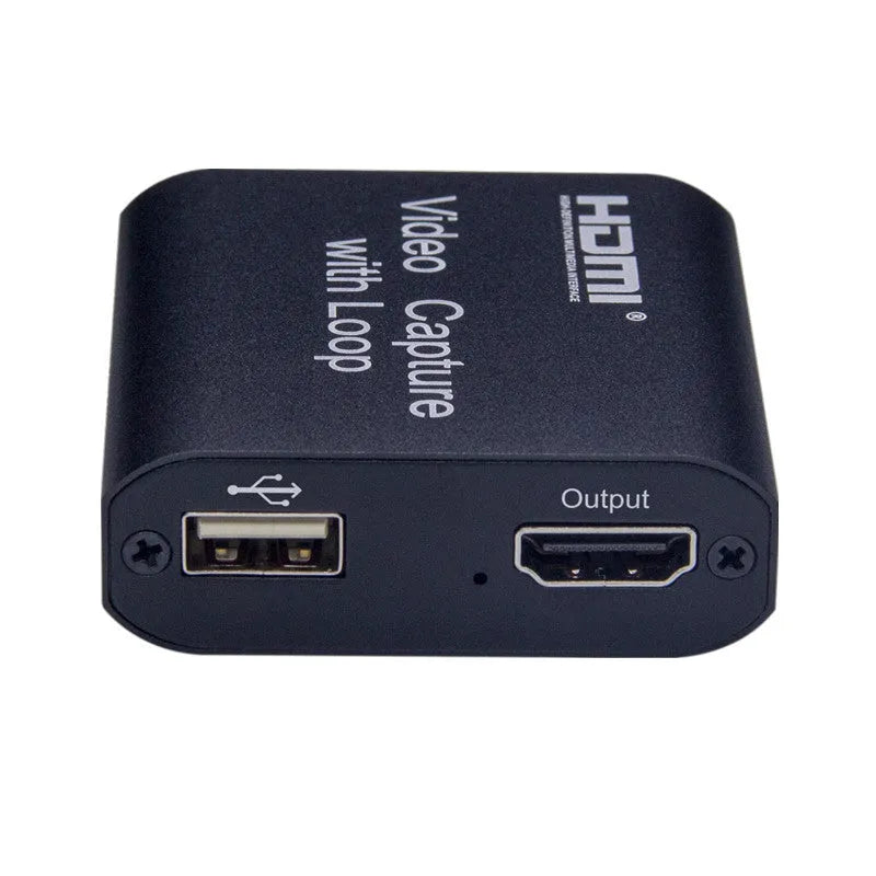 Black HDMI 4K video capture card with USB interface and loop out port