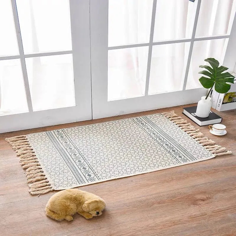 Scandinavian style hand-woven cotton linen floor mat 60x90cm with tassels in assorted colours