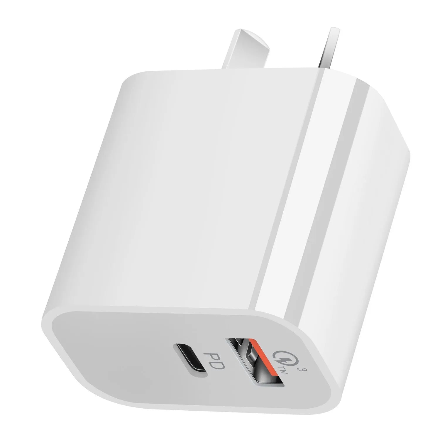 White Australian dual USB wall charger with Type-A and Type-C ports measuring 63x40x22mm