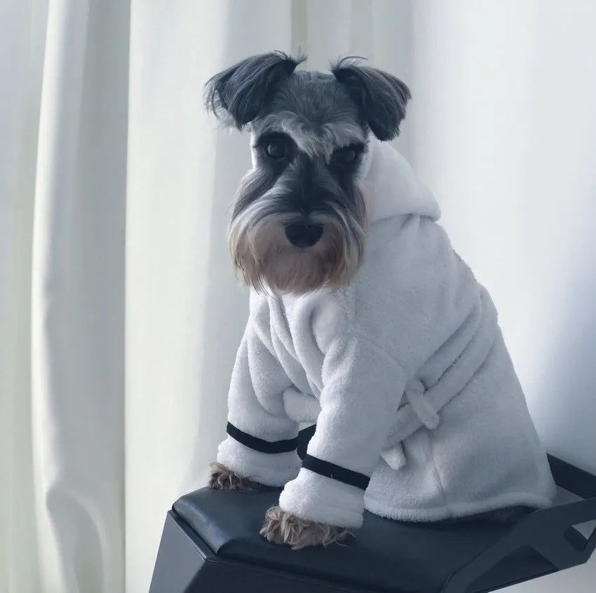 White polyester pet bathrobe robe for dogs and cats on a white background showing front view with tie closure