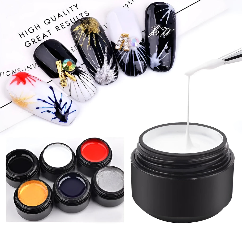 Six 5ml bottles of nail elastic drawing gum in black, white, blue, red, glitter gold, and glitter silver for DIY nail art