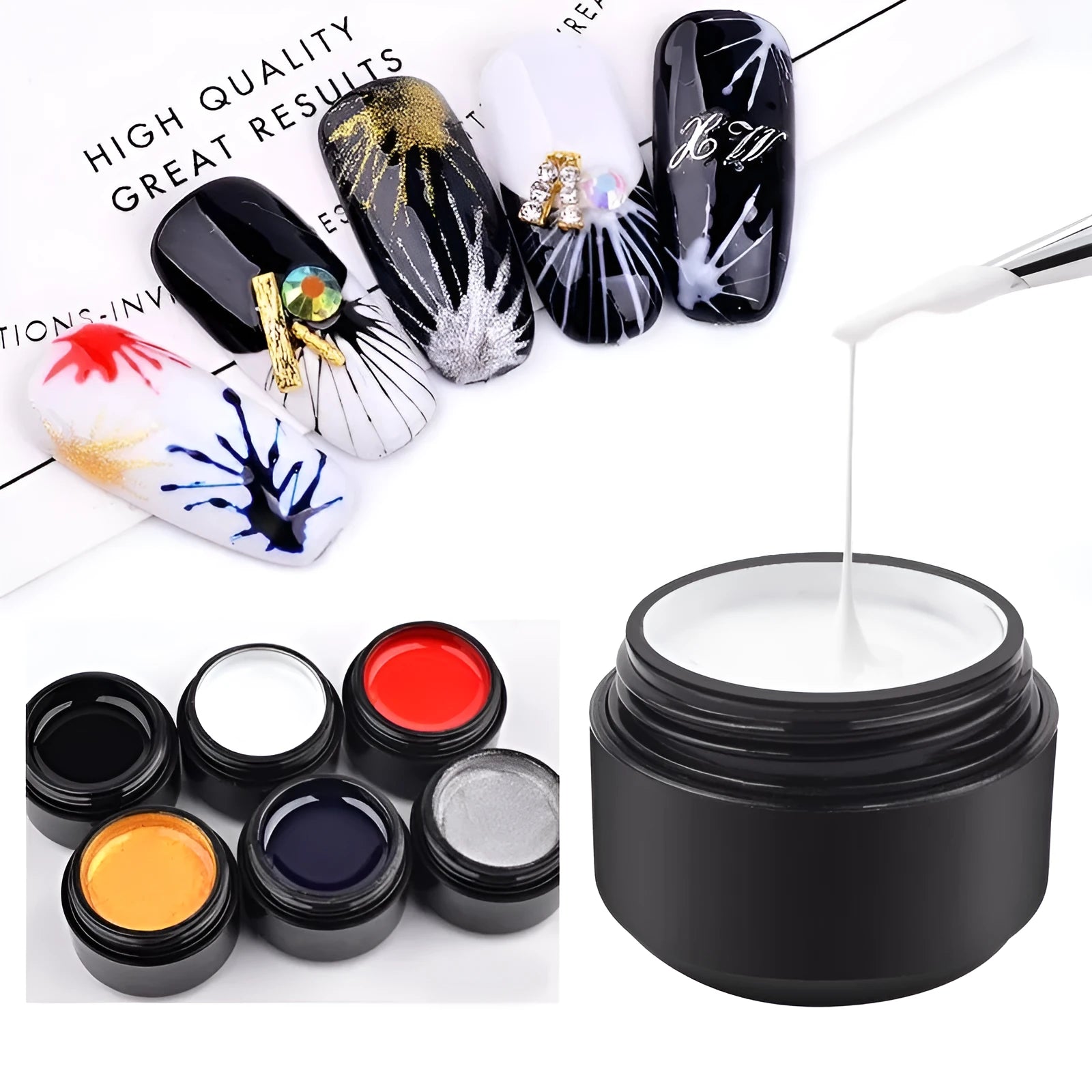 Six 5ml bottles of nail elastic drawing gum in black, white, blue, red, glitter gold, and glitter silver for DIY nail art