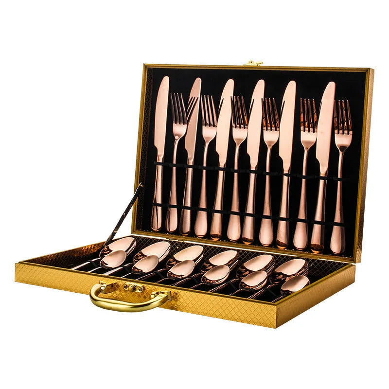 24 piece stainless steel cutlery set showing knives, forks and spoons in various colour finishes with one-piece moulding construction