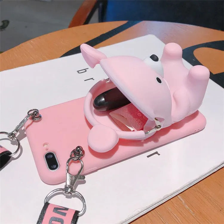 Cute bear coin purse phone case with lanyard in pink colour for iPhone showing 3D bear design