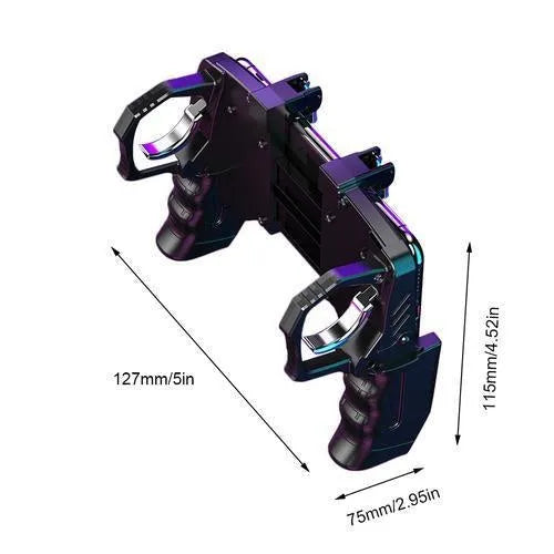 Black multi-function gamepad controller for mobile phones with metal trigger and integrated phone holder