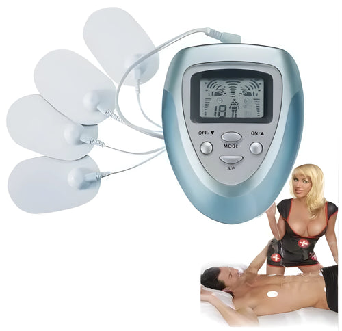 Blue 4-pad electric muscle stimulator massager with LED display and cable line on white background