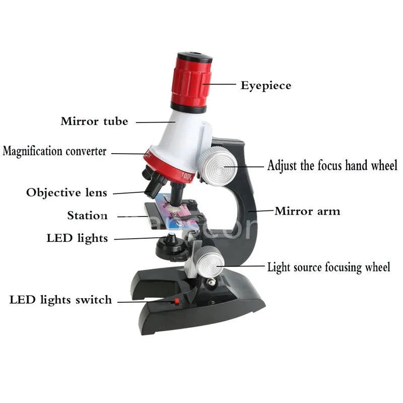 Child biological microscope with LED light, three objective lenses, and coarse focus knob on white background