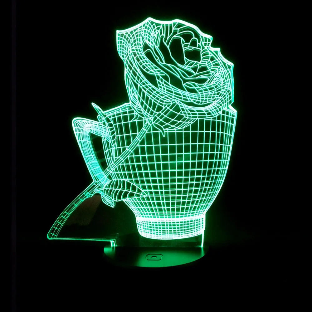 3D rose-shaped LED night light on a black base showing multiple colour options