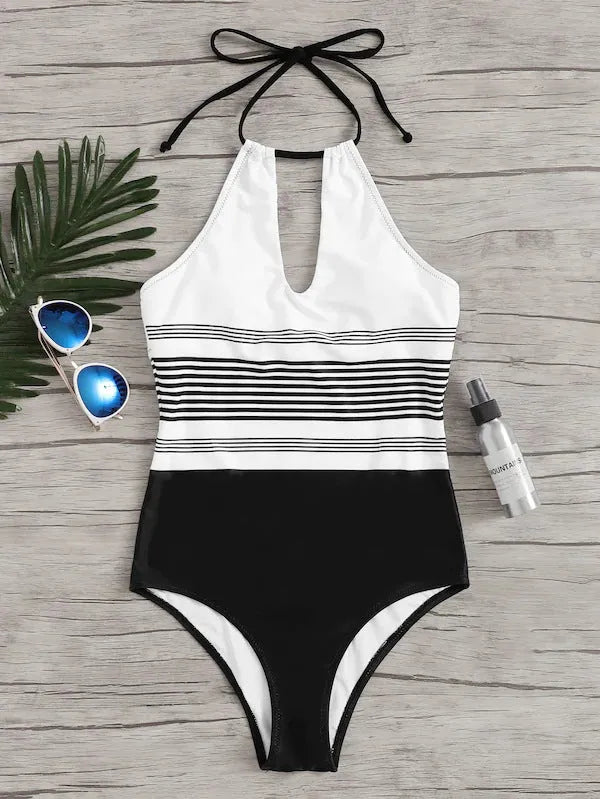 Black striped one-piece swimsuit for women, nylon, sizes S M L, adult female swimwear