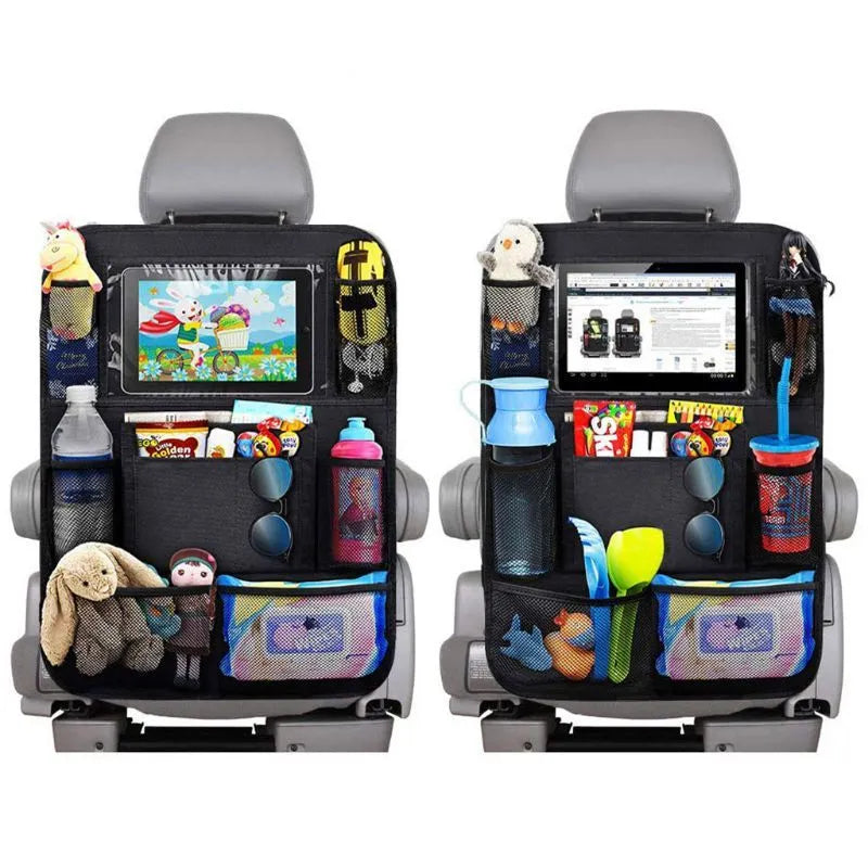 Car storage bag sewn from black Oxford fabric, 61 by 41 cm, fitted behind a car seat backrest