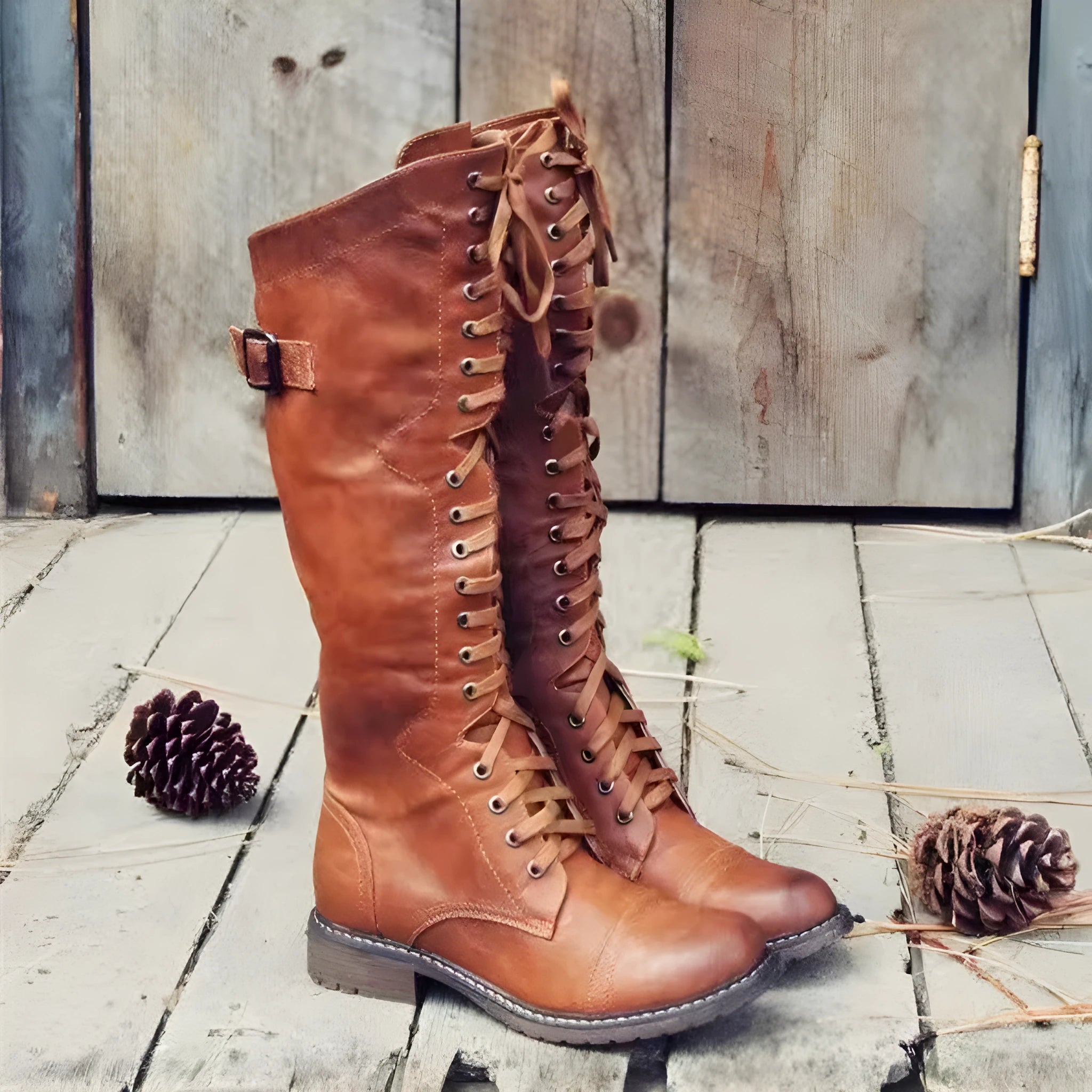 Black chunky heel high-leg casual boot with round toe and low rubber sole on a plain background.