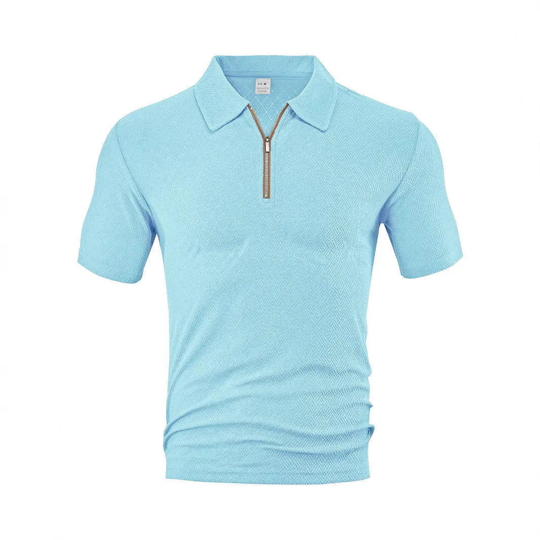 Men's loose zippered short sleeve casual shirt in white, front view with side slits