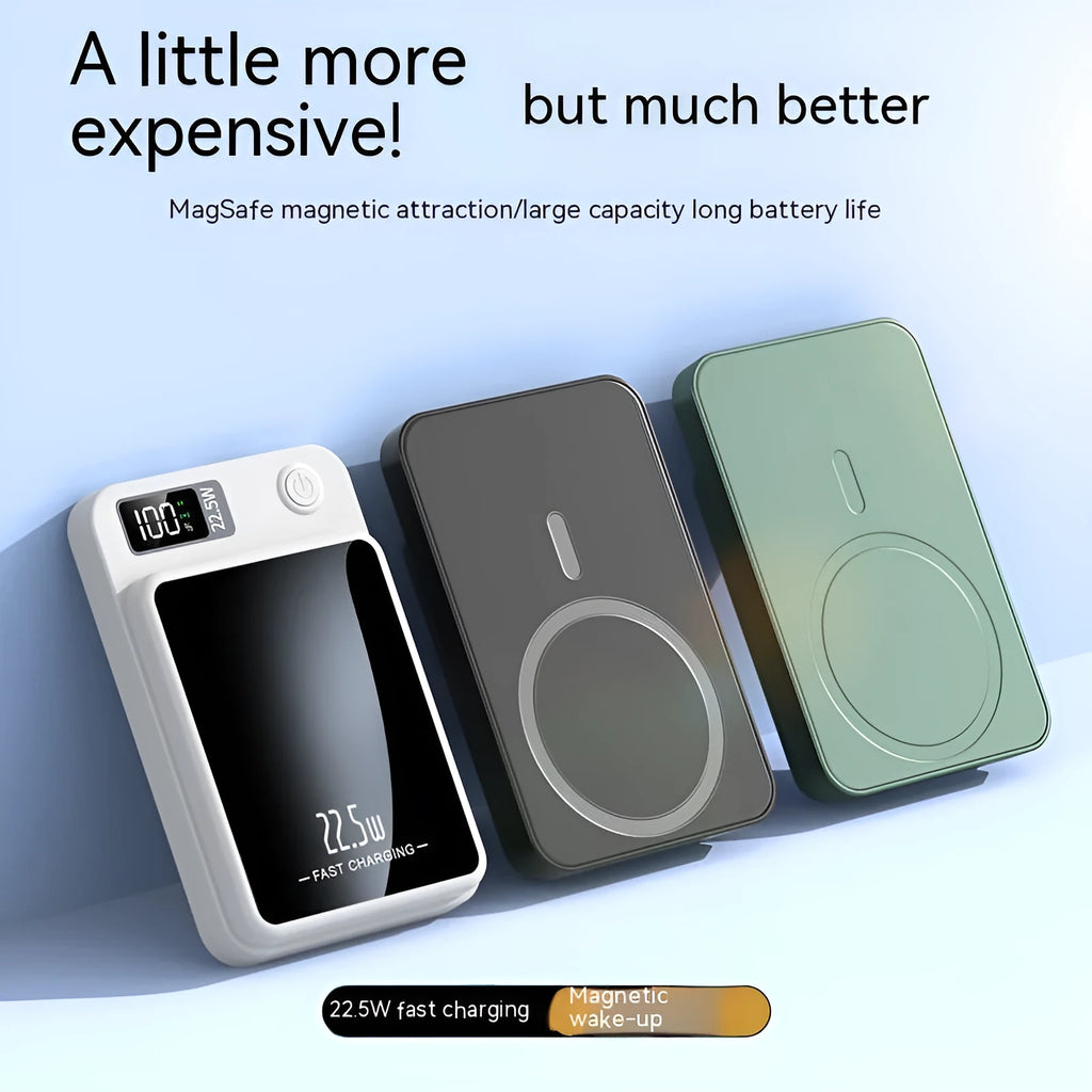 Wireless Magsafe power bank in black, white, purple, or green, showing compact industrial design.