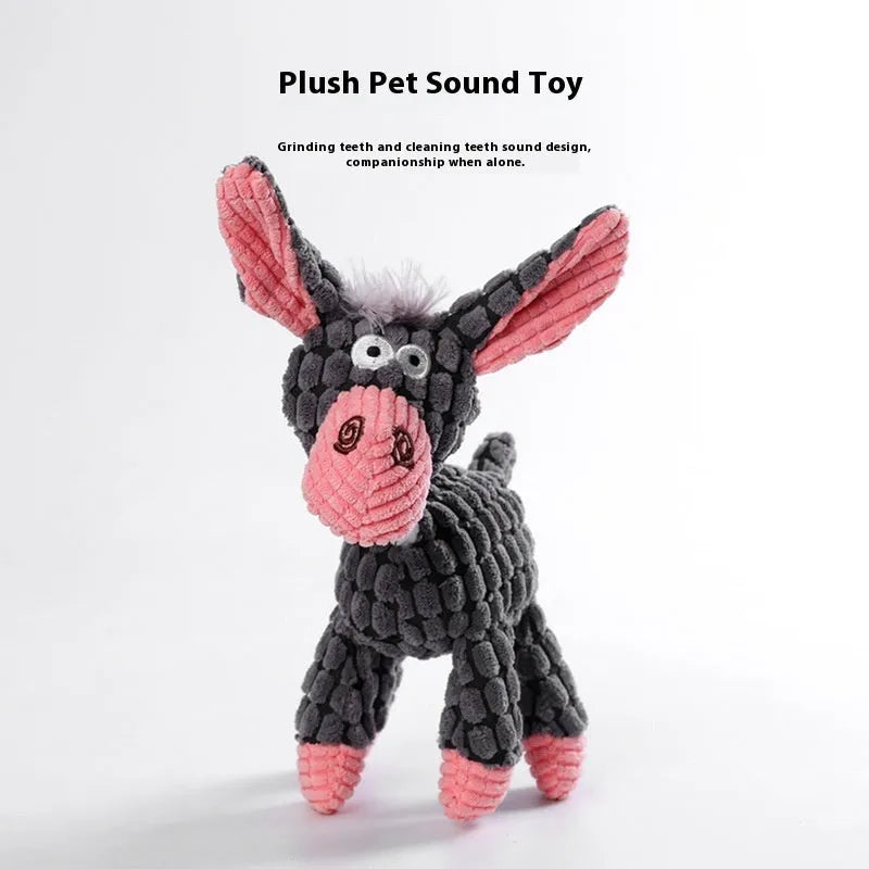 Bite-resistant plush puppy toy in donkey, rechargeable duck, and elephant styles on a neutral background.