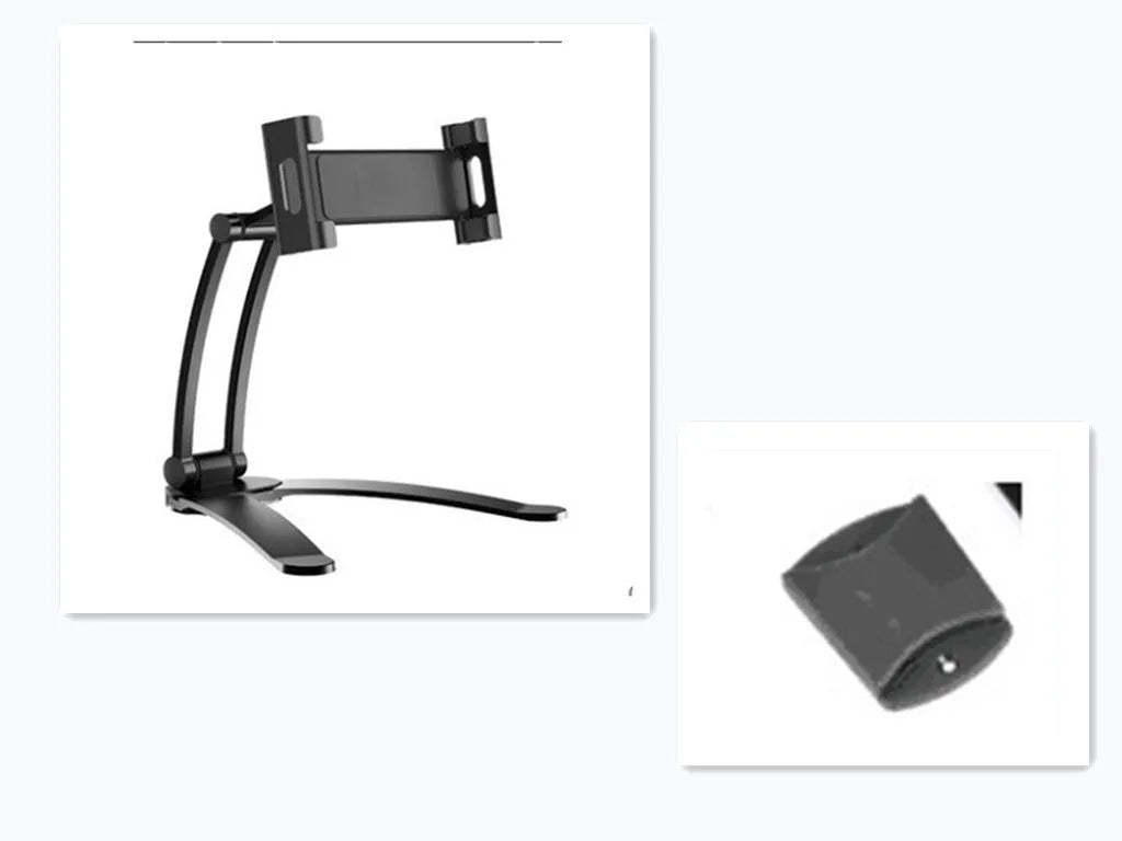 Silver aluminium alloy desktop stand holding a tablet at an angle, with adjustable clips and a white mounting base.