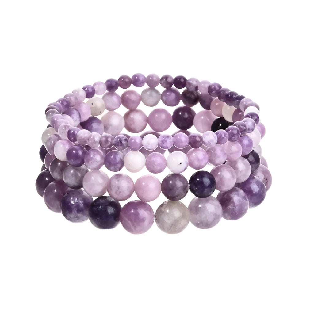 Purple geometric stone bead elastic bracelet for men and women on a wrist.