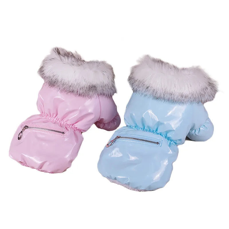 British style blue cotton winter jacket for medium-sized dog with collar and front closure