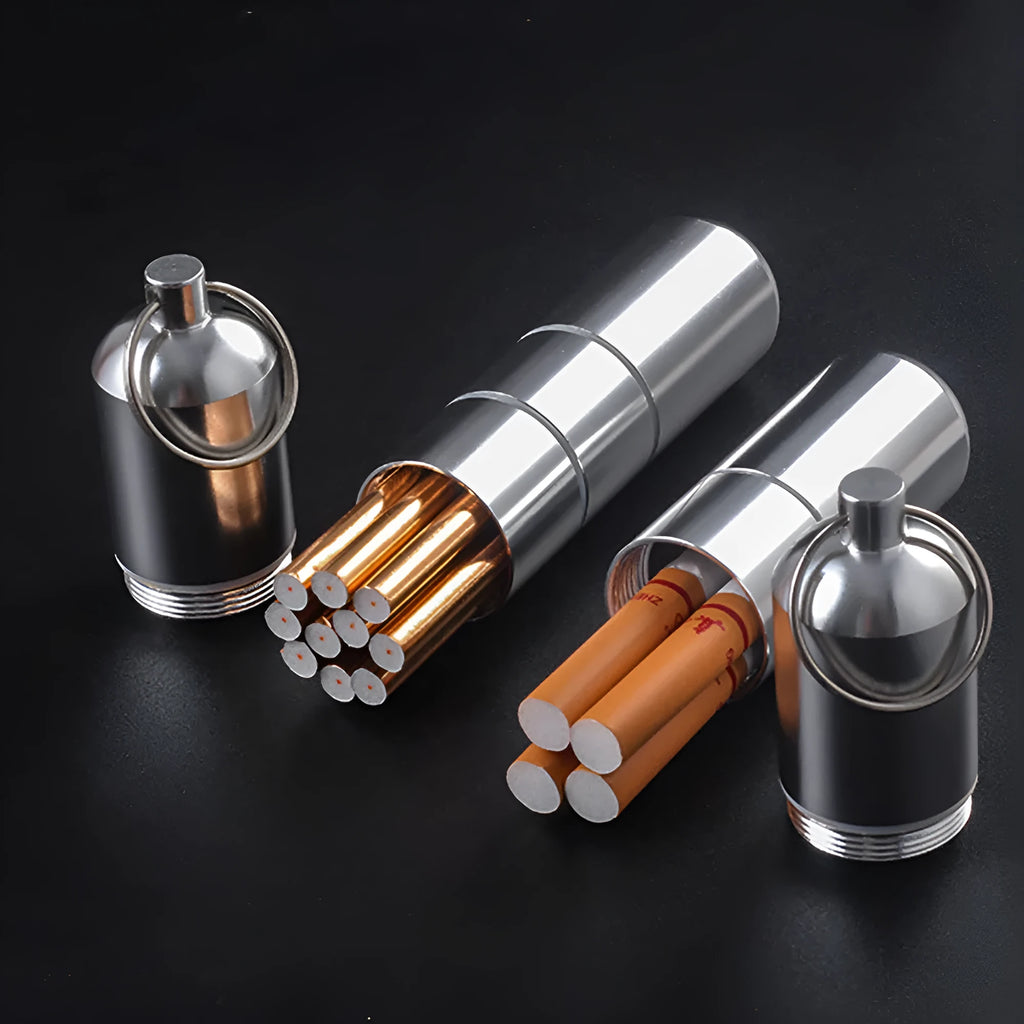 Portable waterproof sealed metal medicine box in aluminium alloy, shown in silver 87mm, granny grey 105mm and lead gray 122mm sizes.