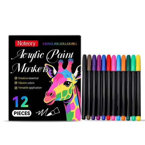 Set of 12 acrylic paint markers for use on paper, wood, ceramic, and glass surfaces.