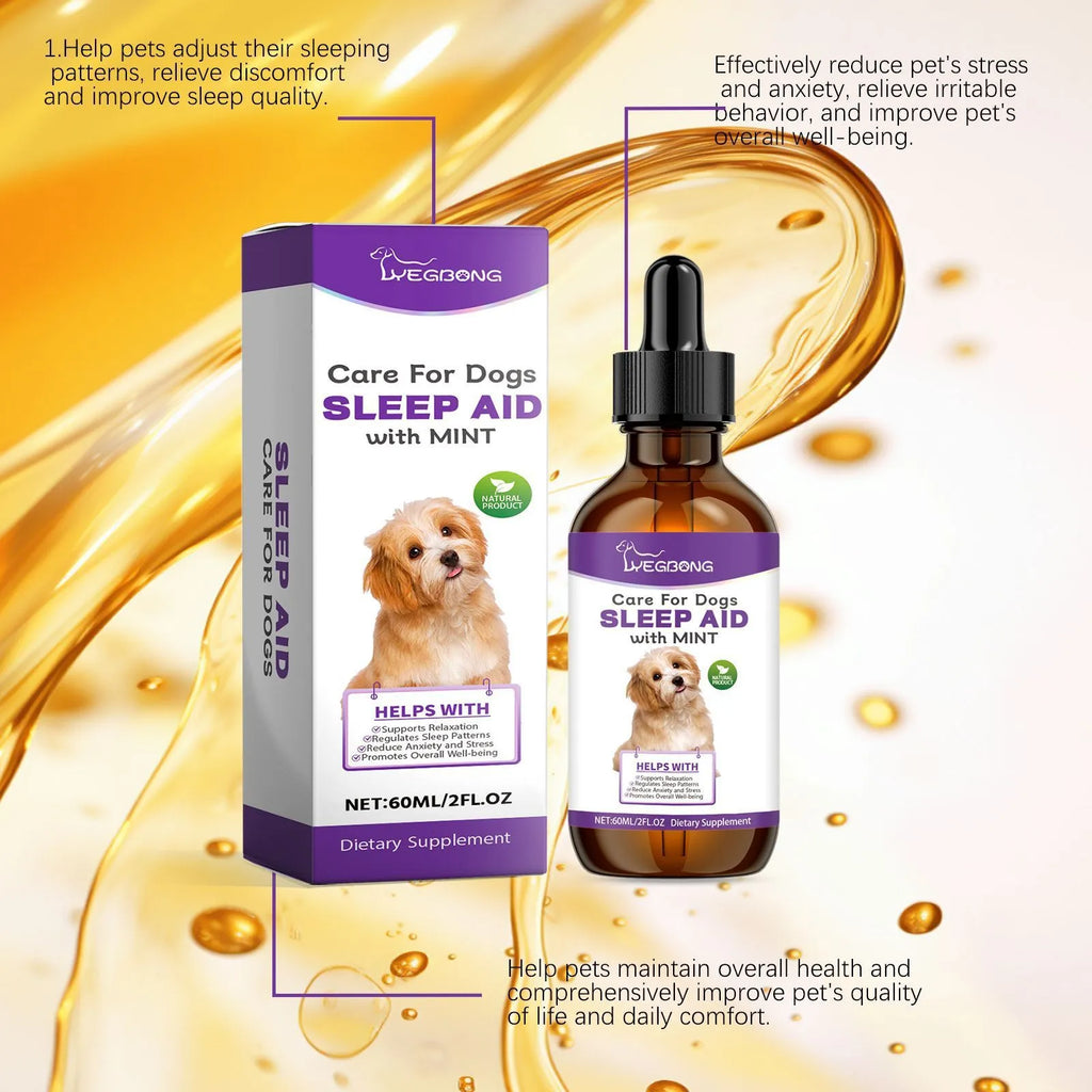 60ml bottle of dog sleep drops with mint extract for canine relaxation support