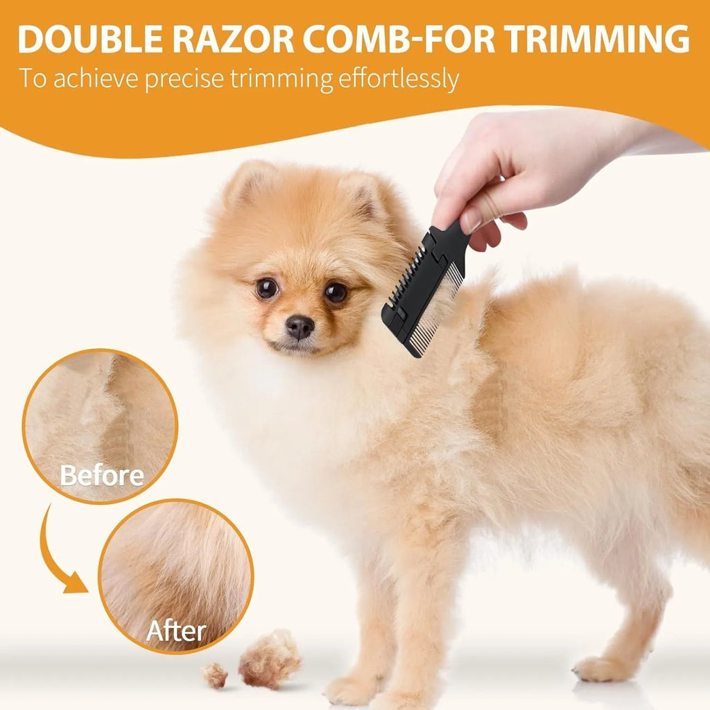 Razor comb for dogs and cats showing comb teeth and integrated trimming blade with packet of replacement blades.