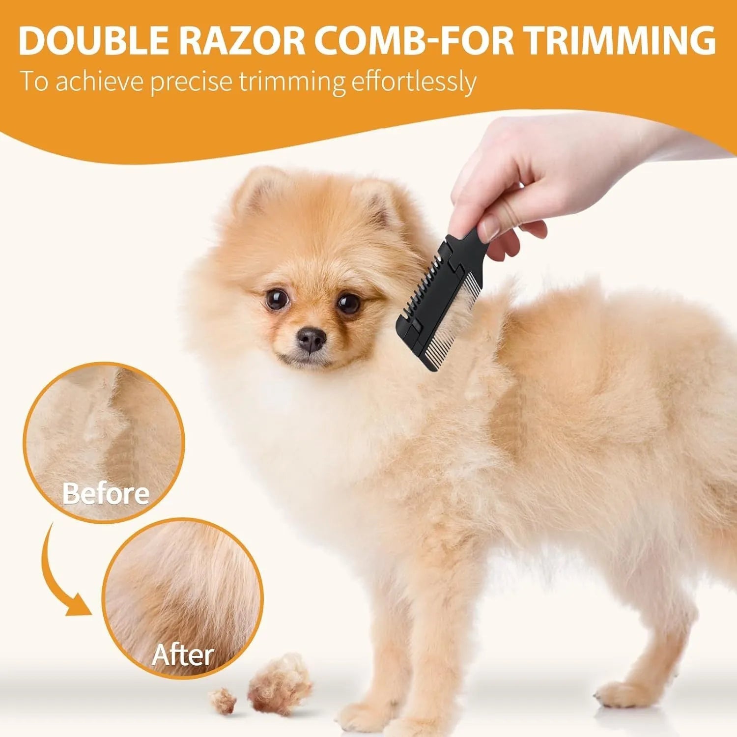 Razor comb for dogs and cats showing comb teeth and integrated trimming blade with packet of replacement blades.