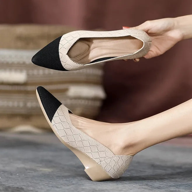 Women's casual wedge knitted shoes in apricot with a mid heel and rubber sole.