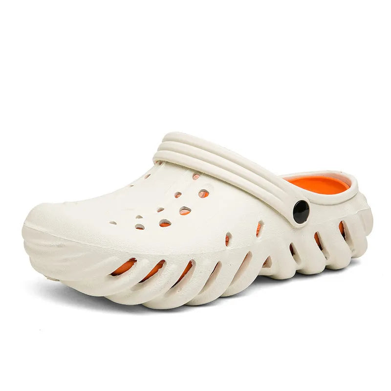Men's beige EVA slipper sandals with hollow out design and non-slip sole, shown from side.