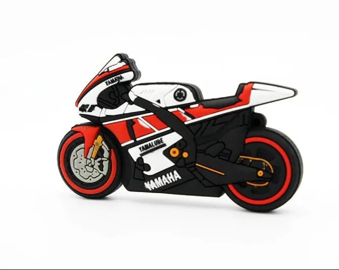 Cartoon motorcycle USB drive with red and white wristband, front view showing design and USB connector