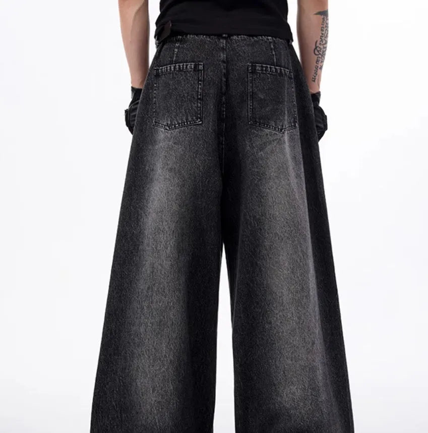 Korean style washed denim two-piece set with wide leg pants and matching waistcoat in black and grey