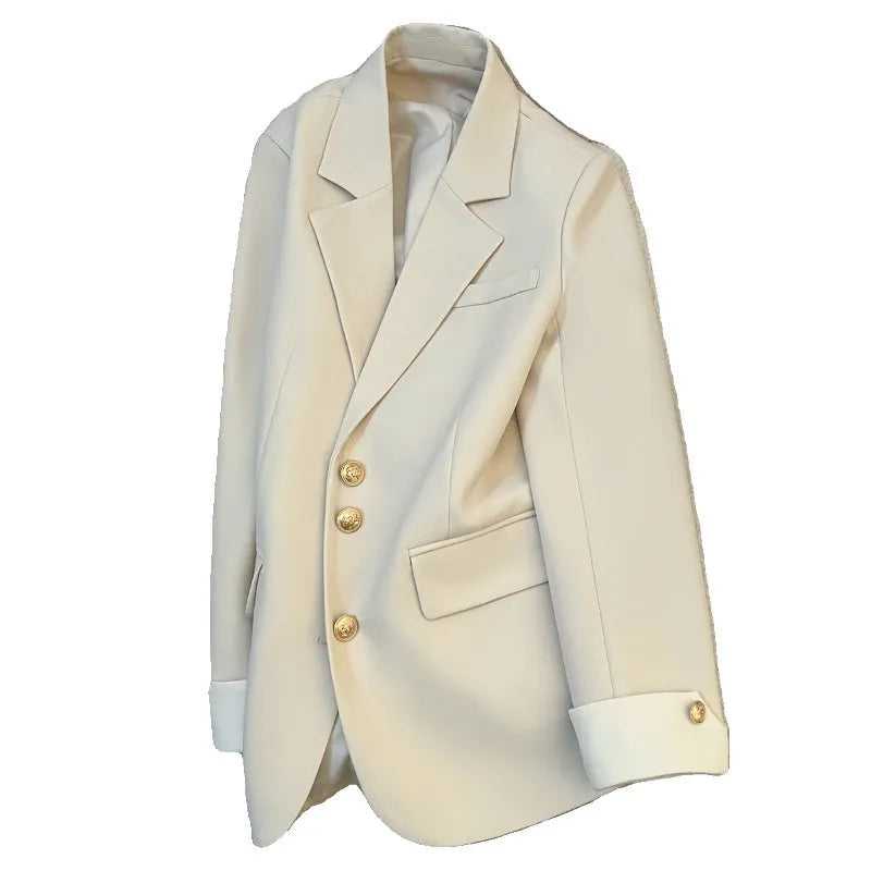 Korean-style women's coat in milky white with loose fit and pockets