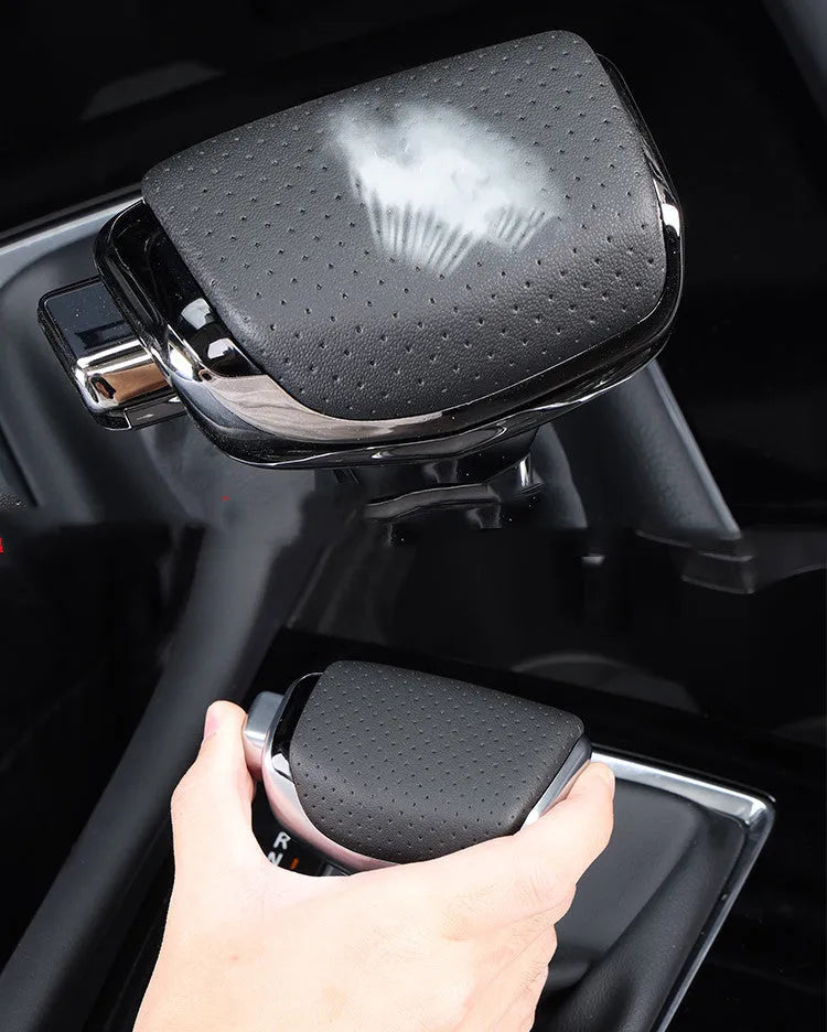 Genuine leather car gear shift knob in black and silver decoration