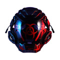 Black full face helmet prop with a bioweapon tech design for cosplay and parties.