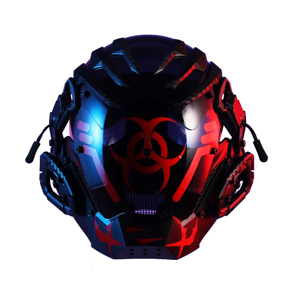 Black full face helmet prop with a bioweapon tech design for cosplay and parties.