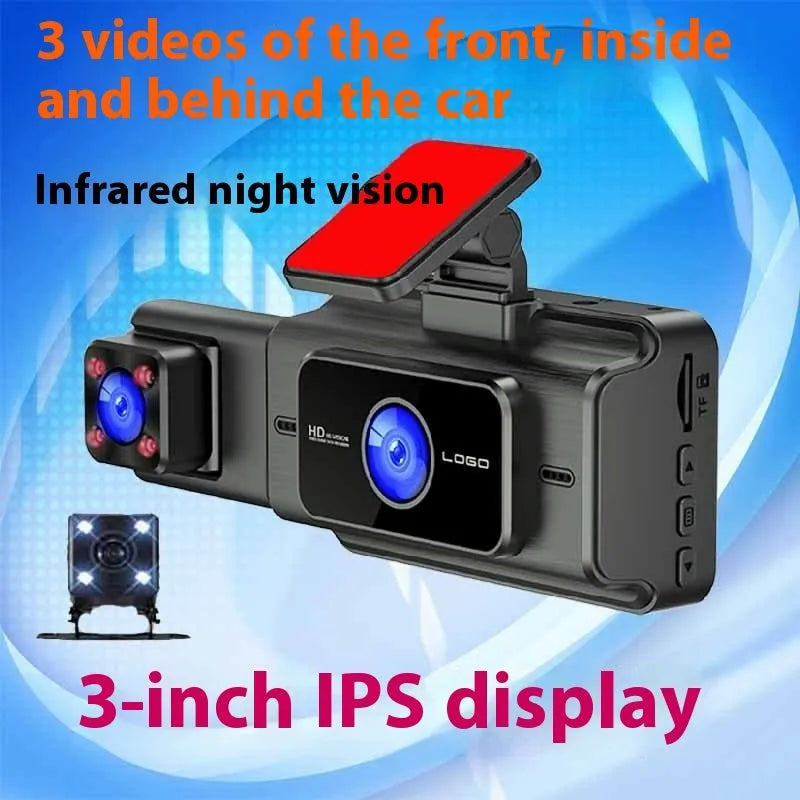 Black 3 lens driving recorder with 3 inch screen for front windshield installation