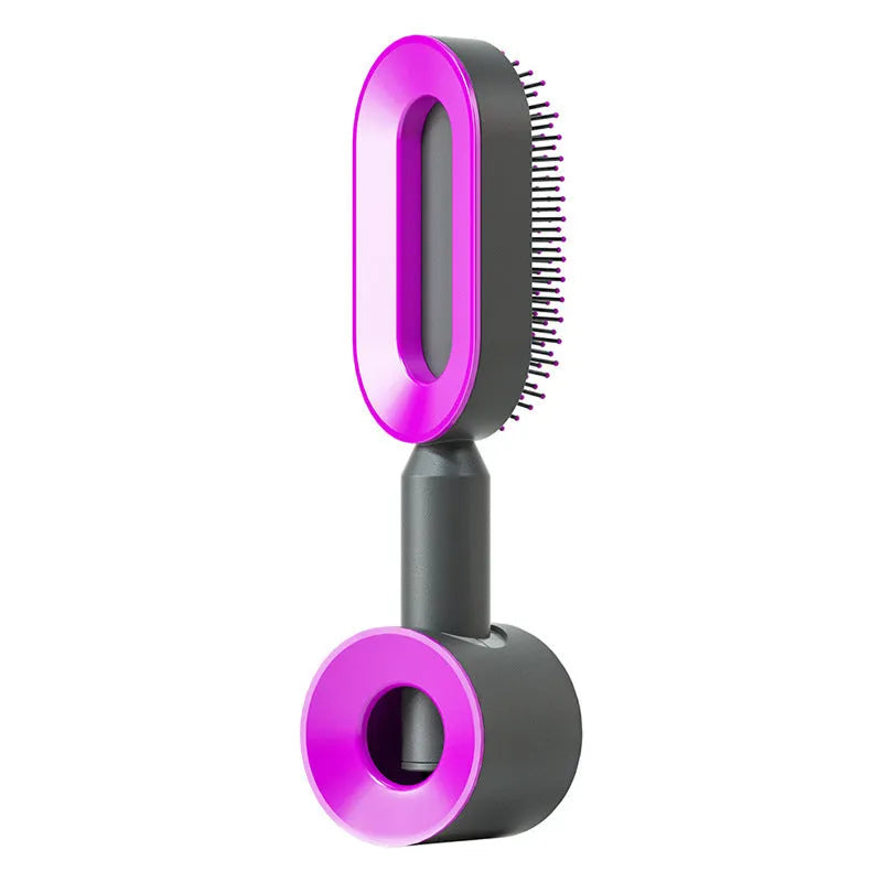 Self-cleaning air cushion hair brush in white, black gold, or black purple with ergonomic handle