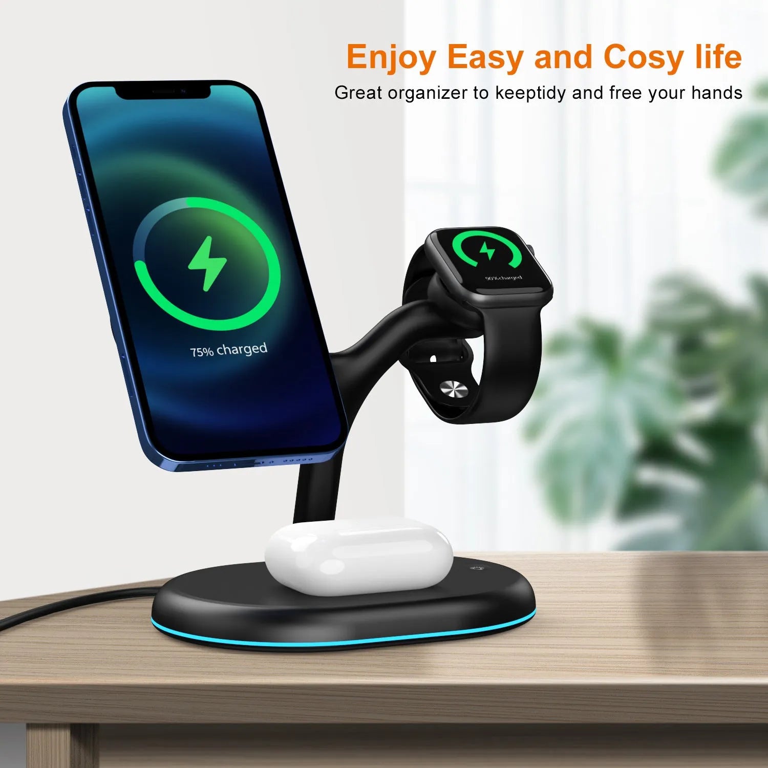 Black three-in-one magnetic wireless charger for phone, smartwatch, and earbuds.