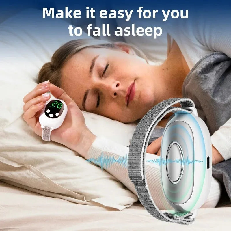 White sleep aid device with handheld remote control showing 20 intensity levels for insomnia relief