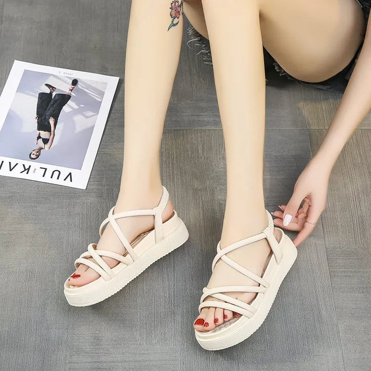Women's black Roman platform sandals with adjustable straps and TPR sole