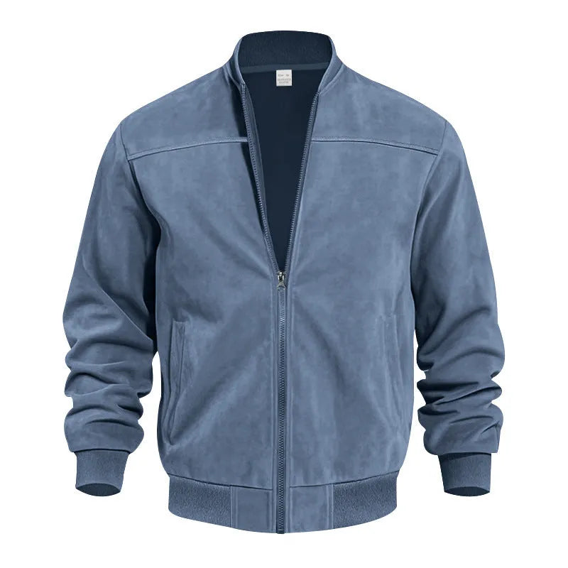 Men's plus size suede-look zip-up casual jacket in army green shown on a model.