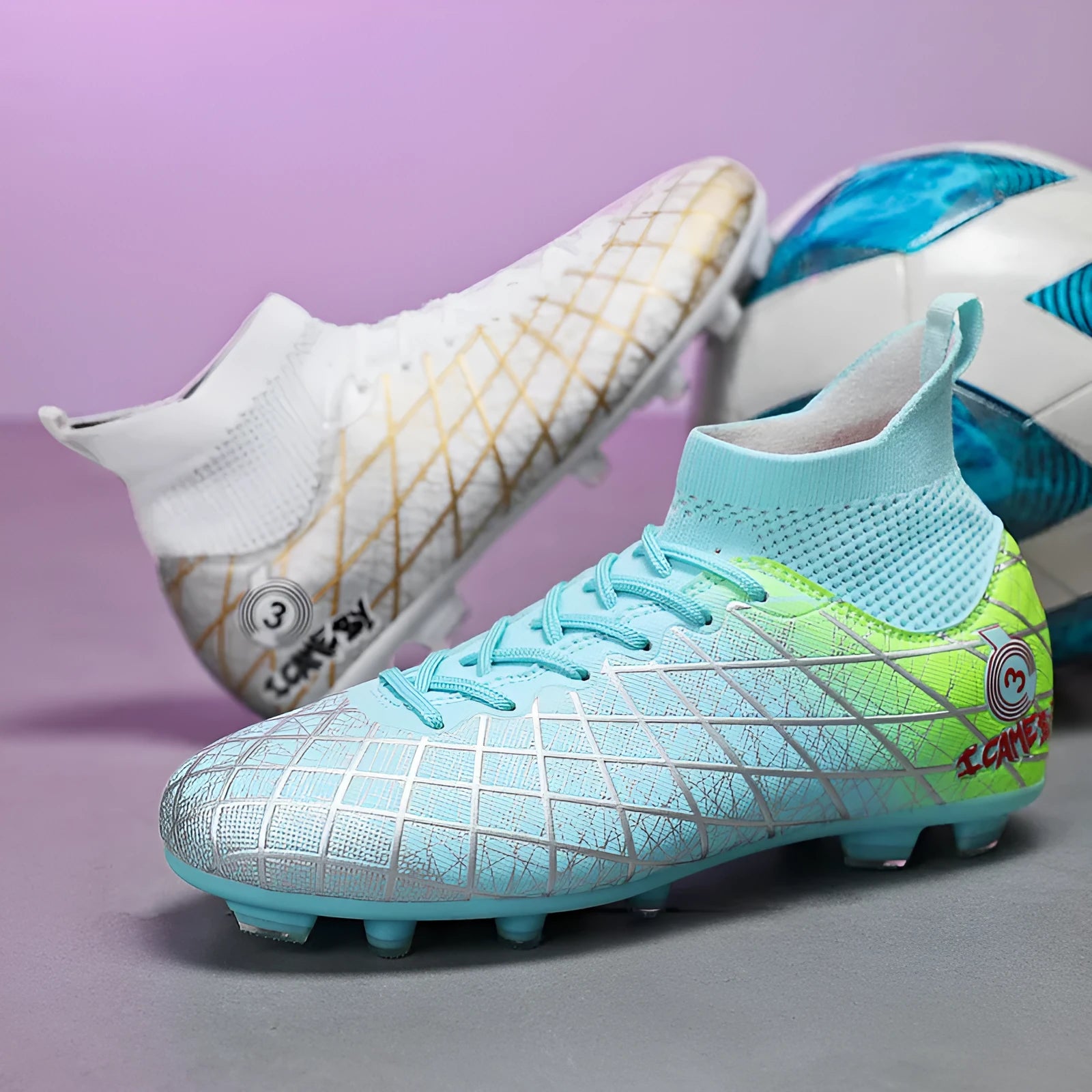 Soccer shoes with long and short spikes, rubber sole, high-top design, in black colour