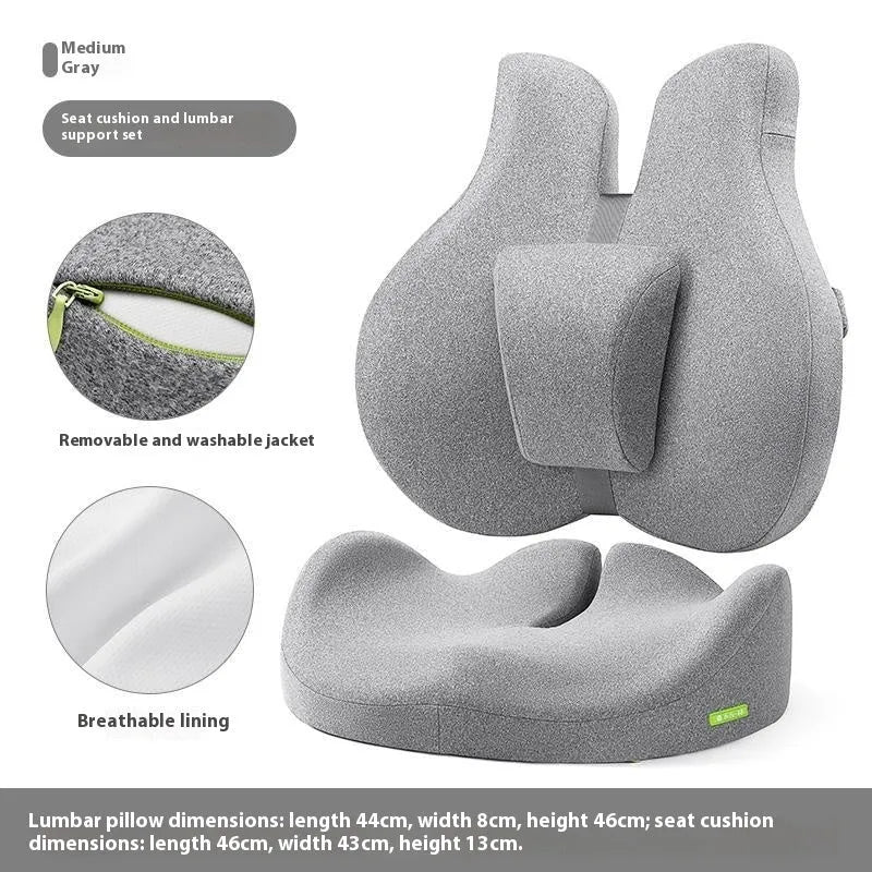 Medium grey memory cotton waist protection cushion set with adjustable lumbar support on an office chair