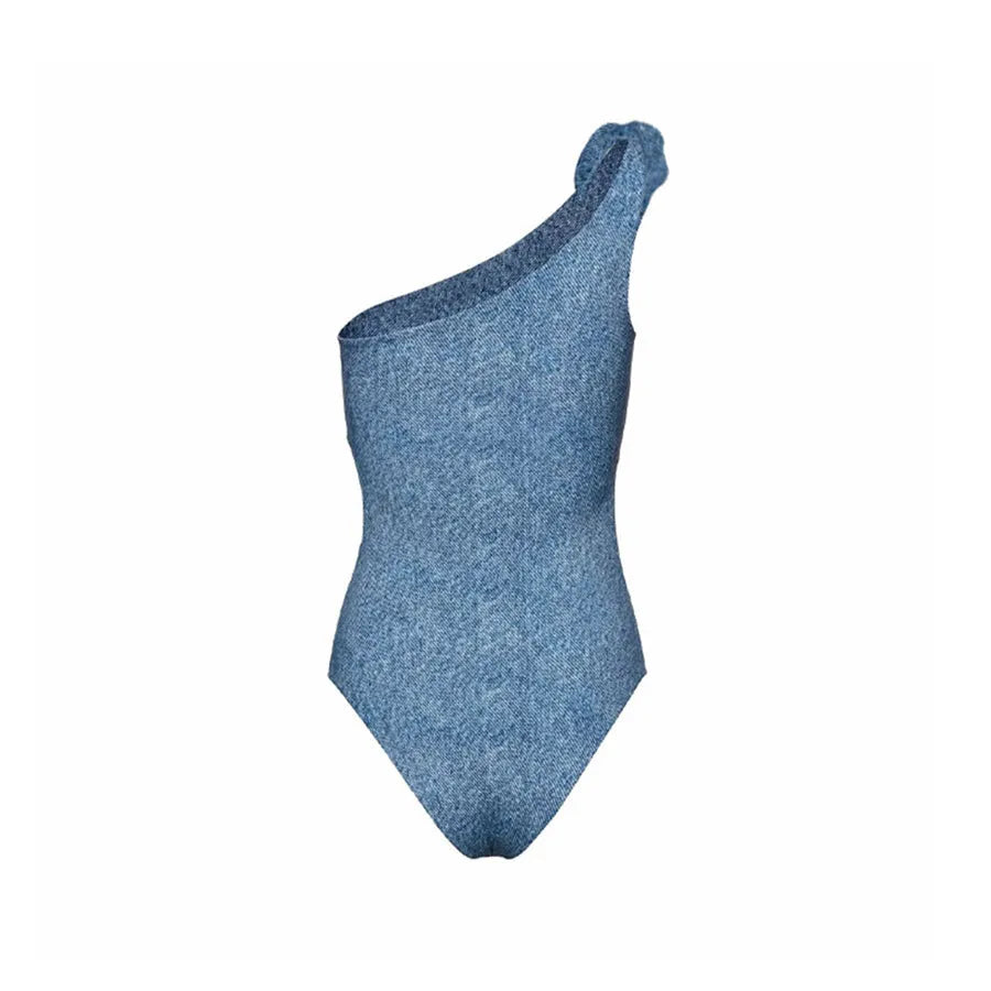 Women's one-shoulder cowboy style one-piece swimsuit in nylon fabric.