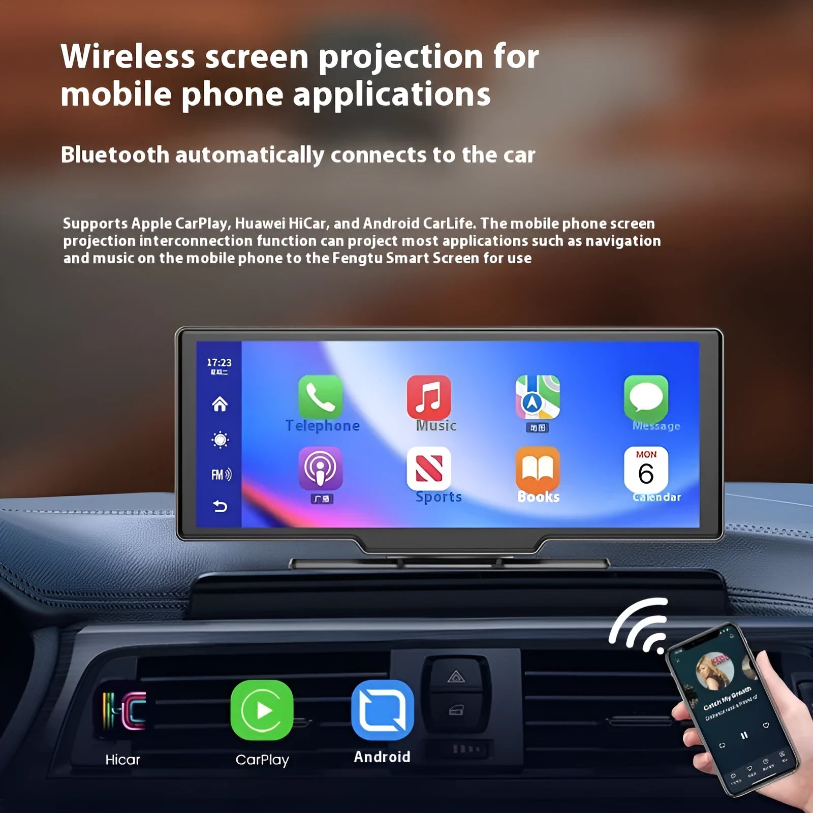 10-inch black car smart touchscreen with CarPlay display and front and rear recording camera.