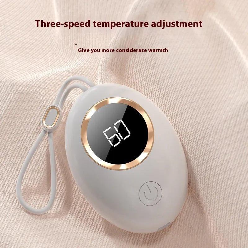 A portable hand warmer and power bank unit with a digital display, shown in various colour options.