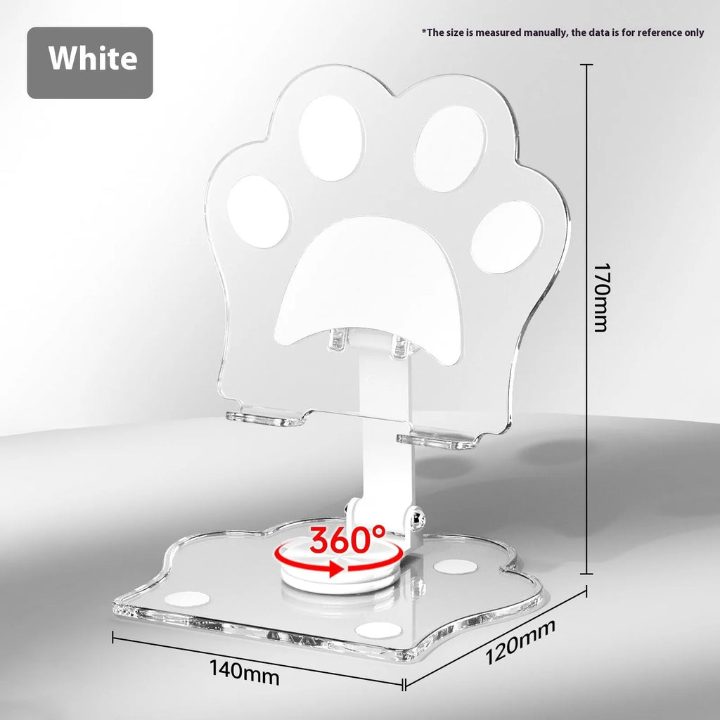 Acrylic rotating mobile phone stand in transparent acrylic with cartoon style, shown as a desktop phone holder in five colour options.